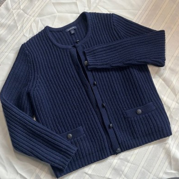 Vintage Lands End Lambswool Nautical Chunky Knit Navy Cardigan Womens Knitwear - Picture 1 of 12